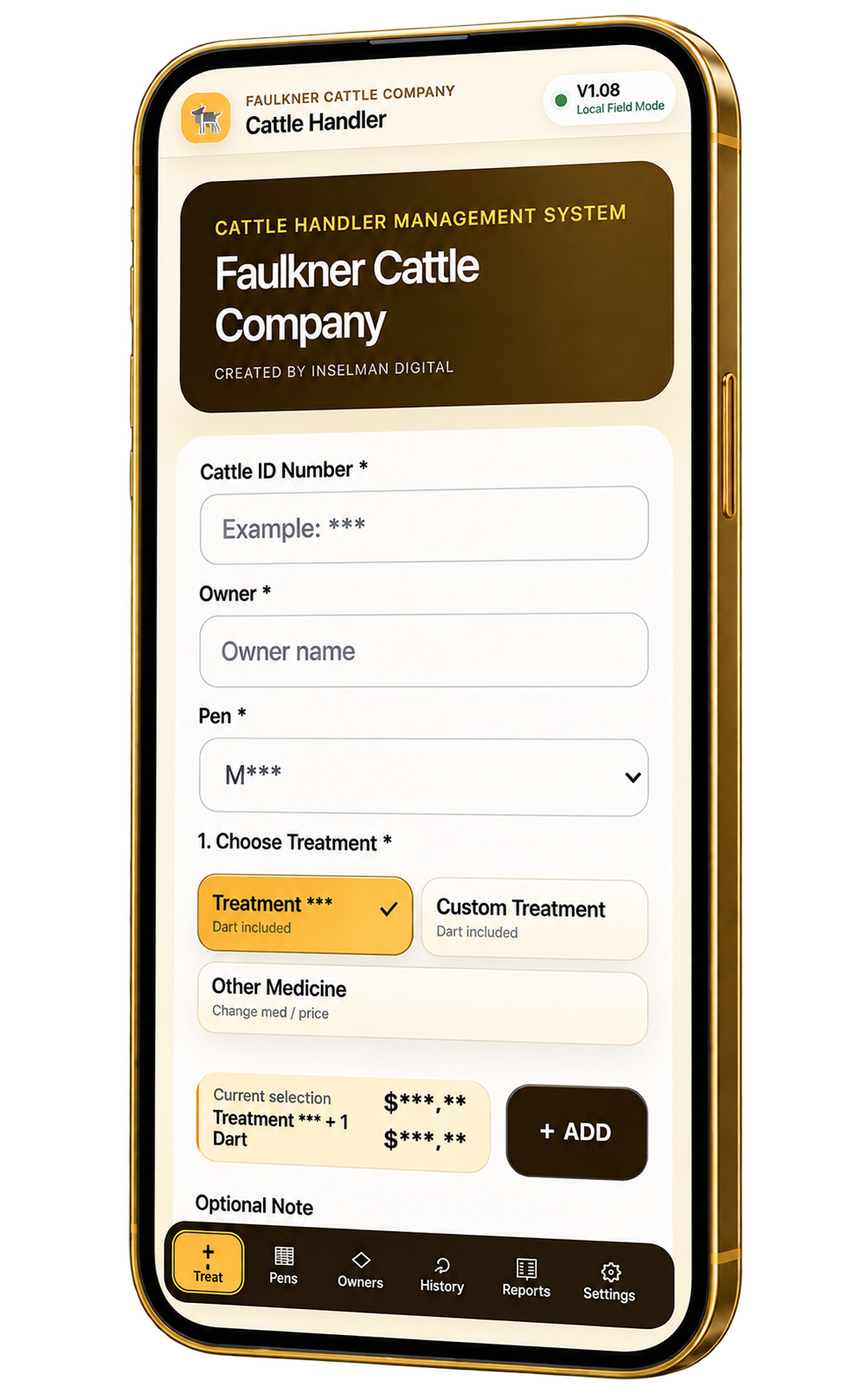 Cattle Handler mobile interface with treatment entry, animal details, and yard navigation